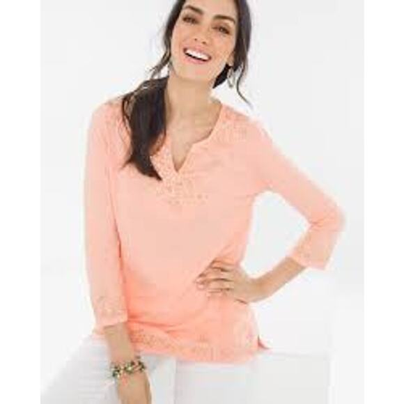 Chico's peach and gold sequin embellished 3/4 sleeve tunic Size 0 small 4/6 - Picture 2 of 7